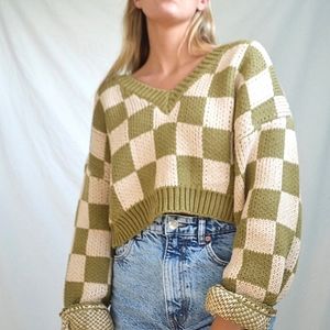 AFTER SCHEX Puff Balloon Sleeve Check Chunky V-Neck Crop Oversized Sweat…